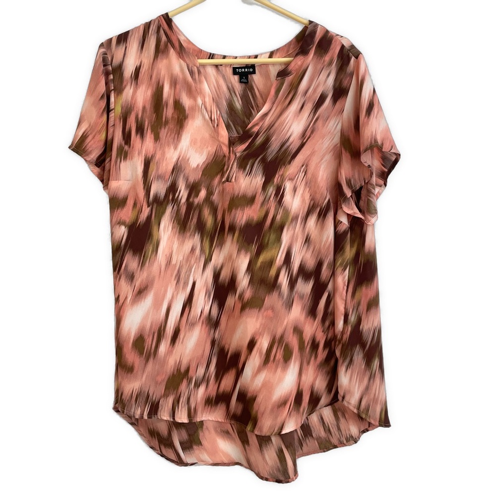 Torrid - Flowy Mesh V neck blouse w/ abstract pink & brown design- 1